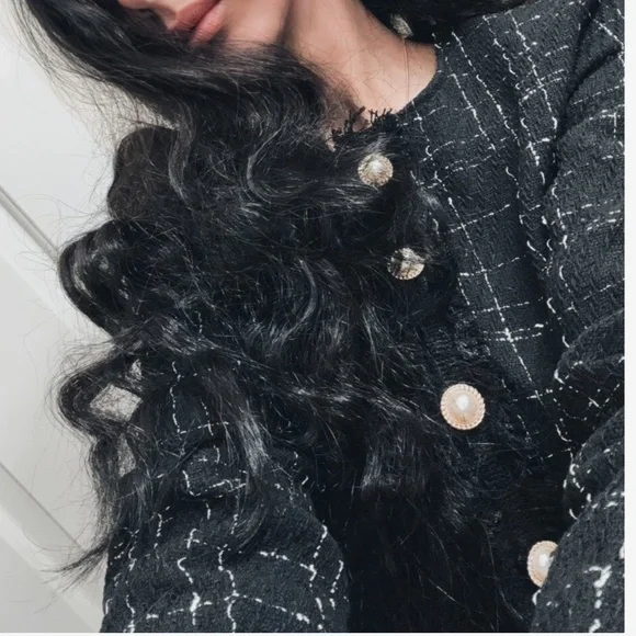 Classic Tweed Button Crop Jacket Midi Frayed Hem Skirt Set - Picture 4 of 10